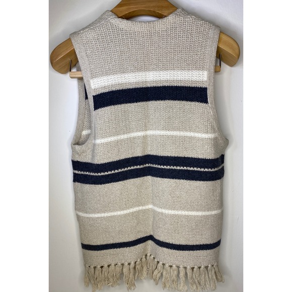 Madewell Striped Knit Vest Fringe Tan Navy White S M - Picture 2 of 10